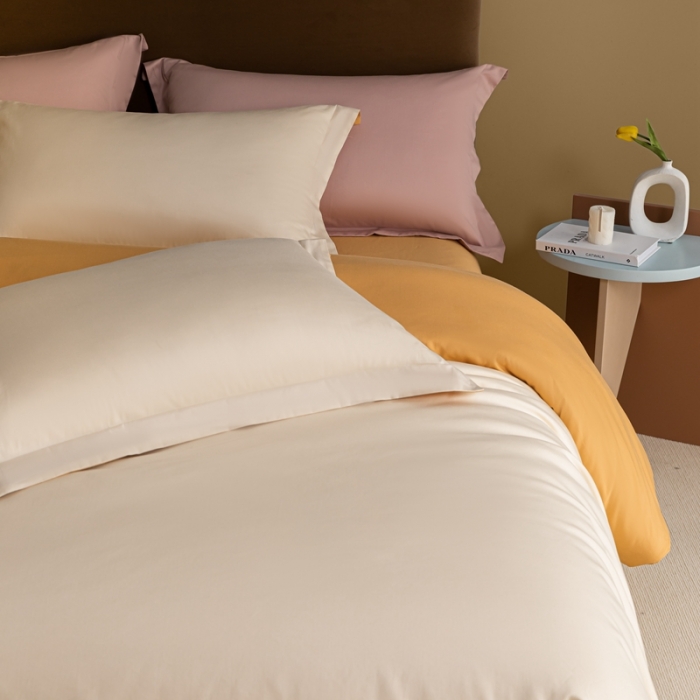 91家纺网 家纺一手货源 找家纺 秀色50支贡缎新疆长绒棉全棉纯棉酒店轻奢纯色被套床上四件套奶昔白+南瓜橘