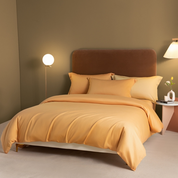 91家纺网 家纺一手货源 找家纺 秀色 50支贡缎新疆长绒棉全棉纯棉酒店轻奢纯色被套床上四件套 南瓜橘