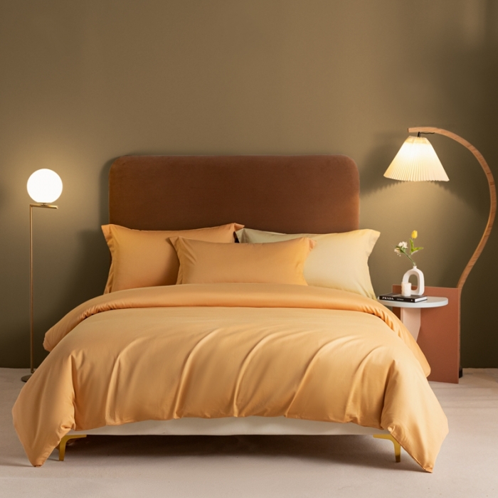 91家纺网 家纺一手货源 找家纺 秀色 50支贡缎新疆长绒棉全棉纯棉酒店轻奢纯色被套床上四件套 南瓜橘