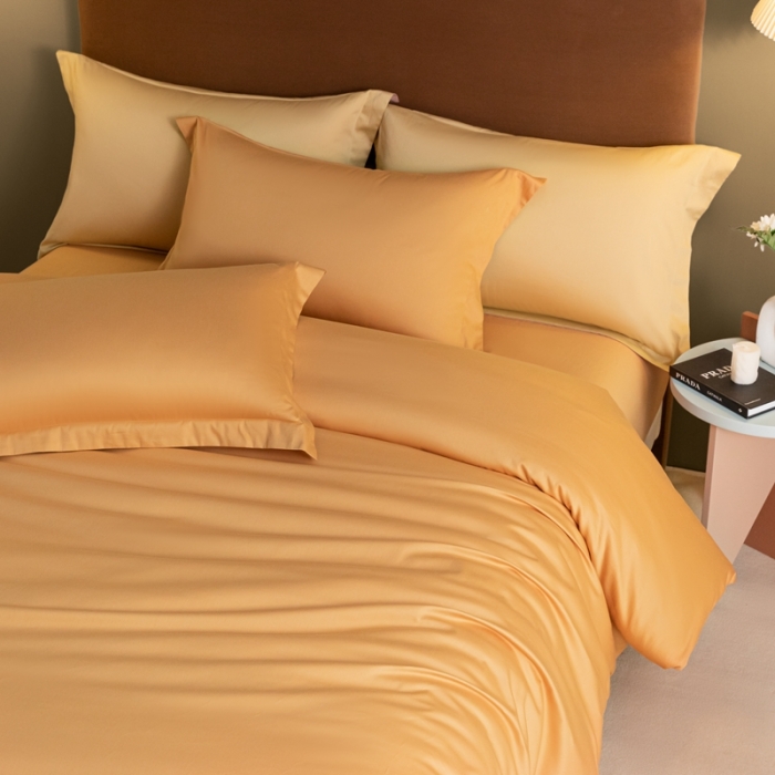 91家纺网 家纺一手货源 找家纺 秀色 50支贡缎新疆长绒棉全棉纯棉酒店轻奢纯色被套床上四件套 南瓜橘