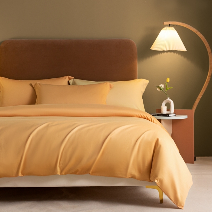 91家纺网 家纺一手货源 找家纺 秀色 50支贡缎新疆长绒棉全棉纯棉酒店轻奢纯色被套床上四件套 南瓜橘