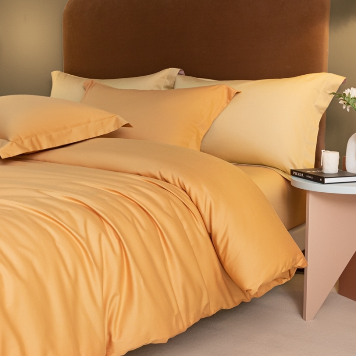 91家纺网 家纺一手货源 找家纺 秀色 50支贡缎新疆长绒棉全棉纯棉酒店轻奢纯色被套床上四件套 南瓜橘