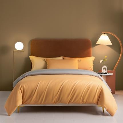 秀色50支贡缎新疆长绒棉全棉纯棉酒店轻奢纯色被套床上四件套南瓜橘+典雅灰