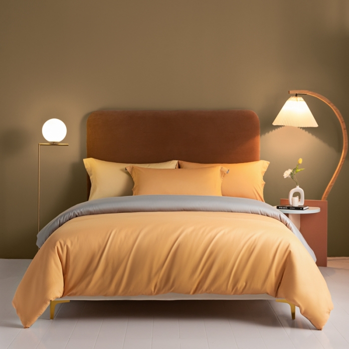 91家纺网 家纺一手货源 找家纺 秀色50支贡缎新疆长绒棉全棉纯棉酒店轻奢纯色被套床上四件套南瓜橘+典雅灰