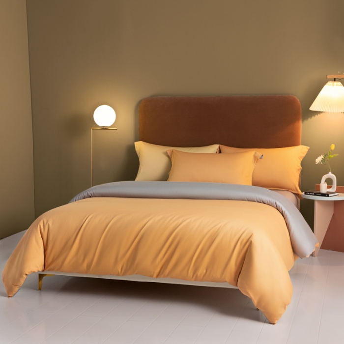 91家纺网 家纺一手货源 找家纺 秀色50支贡缎新疆长绒棉全棉纯棉酒店轻奢纯色被套床上四件套南瓜橘+典雅灰