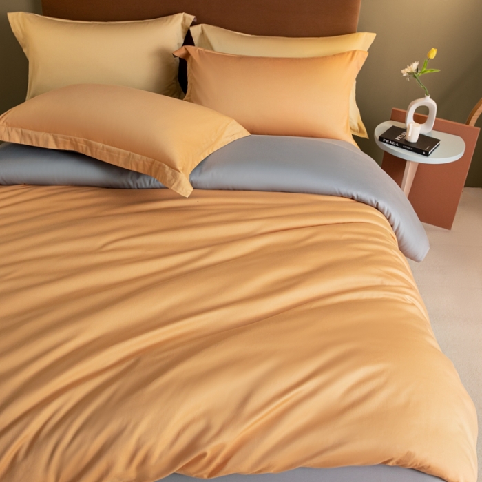 91家纺网 家纺一手货源 找家纺 秀色50支贡缎新疆长绒棉全棉纯棉酒店轻奢纯色被套床上四件套南瓜橘+典雅灰