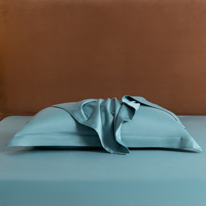 91家纺网 家纺一手货源 找家纺 秀色 50支贡缎新疆长绒棉全棉纯棉酒店轻奢纯色被套床上四件套 雾霾蓝
