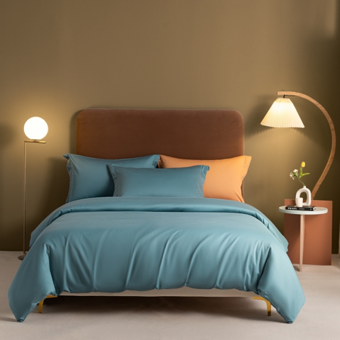 91家纺网 家纺一手货源 找家纺 秀色 50支贡缎新疆长绒棉全棉纯棉酒店轻奢纯色被套床上四件套 雾霾蓝