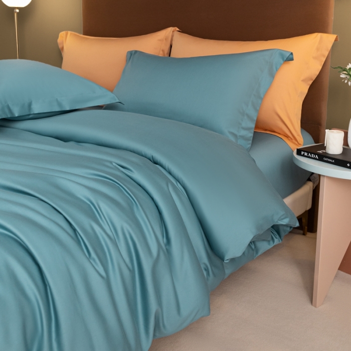 91家纺网 家纺一手货源 找家纺 秀色 50支贡缎新疆长绒棉全棉纯棉酒店轻奢纯色被套床上四件套 雾霾蓝