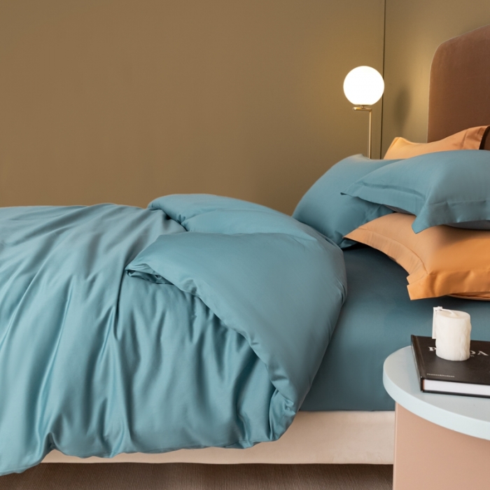 91家纺网 家纺一手货源 找家纺 秀色 50支贡缎新疆长绒棉全棉纯棉酒店轻奢纯色被套床上四件套 雾霾蓝