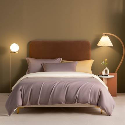 秀色50支贡缎新疆长绒棉全棉纯棉酒店轻奢纯色被套床上四件套香芋紫+奶昔白