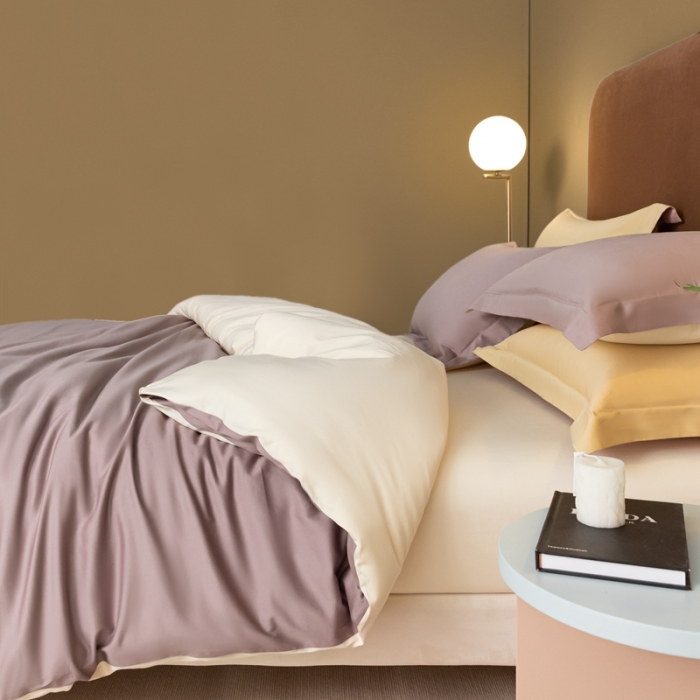 91家纺网 家纺一手货源 找家纺 秀色50支贡缎新疆长绒棉全棉纯棉酒店轻奢纯色被套床上四件套香芋紫+奶昔白