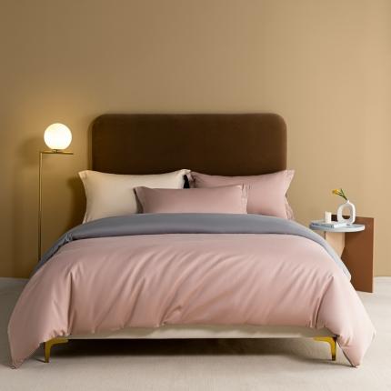 秀色50支贡缎新疆长绒棉全棉纯棉酒店轻奢纯色被套床上四件套玉颜粉+典雅灰