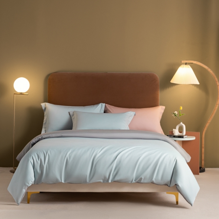 91家纺网 家纺一手货源 找家纺 秀色50支贡缎新疆长绒棉全棉纯棉酒店轻奢纯色被套床上四件套郁兰+典雅灰