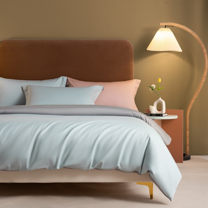 91家纺网 家纺一手货源 找家纺 秀色50支贡缎新疆长绒棉全棉纯棉酒店轻奢纯色被套床上四件套郁兰+典雅灰