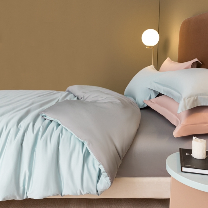 91家纺网 家纺一手货源 找家纺 秀色50支贡缎新疆长绒棉全棉纯棉酒店轻奢纯色被套床上四件套郁兰+典雅灰