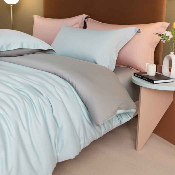 91家纺网 家纺一手货源 找家纺 秀色50支贡缎新疆长绒棉全棉纯棉酒店轻奢纯色被套床上四件套郁兰+典雅灰