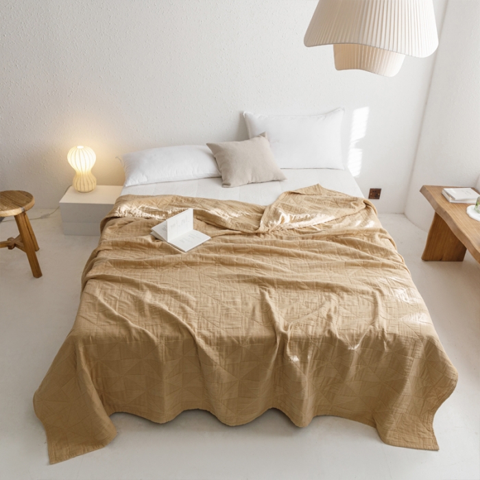 91家纺网 家纺一手货源 找家纺 朴尔 2023新款纯色四层立体三角树叶水洗全棉纱布系列盖毯毛巾被 提花三角-驼