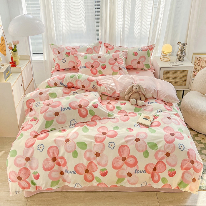 91家纺网 家纺一手货源 找家纺 盛馨 2023新款ins北欧风高支高密全棉喷气小清新纯棉四件套粉色花海