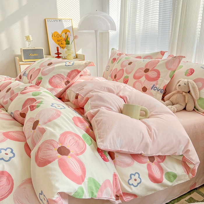 91家纺网 家纺一手货源 找家纺 盛馨 2023新款ins北欧风高支高密全棉喷气小清新纯棉四件套粉色花海