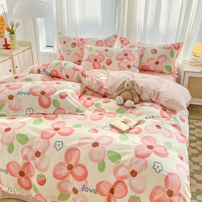 91家纺网 家纺一手货源 找家纺 盛馨 2023新款ins北欧风高支高密全棉喷气小清新纯棉四件套粉色花海