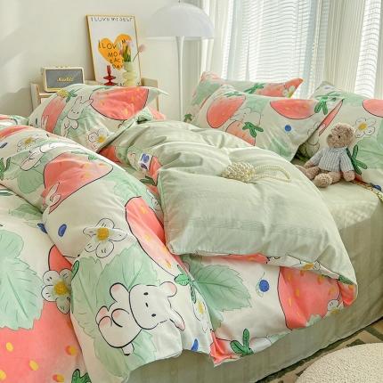 91家纺网 家纺一手货源 找家纺 盛馨2023新款ins北欧风高支高密全棉喷气小清新纯棉四件套可可大草莓