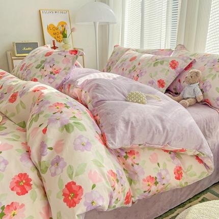 91家纺网 家纺一手货源 找家纺 盛馨 2023新款ins北欧风高支高密全棉喷气小清新纯棉四件套满庭花开