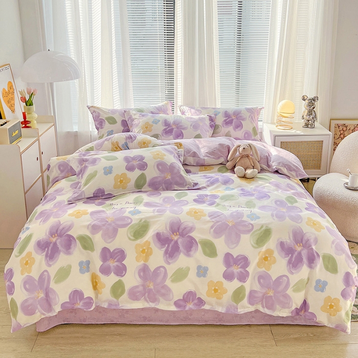 91家纺网 家纺一手货源 找家纺 盛馨 2023新款ins北欧风高支高密全棉喷气小清新纯棉四件套暖阳紫