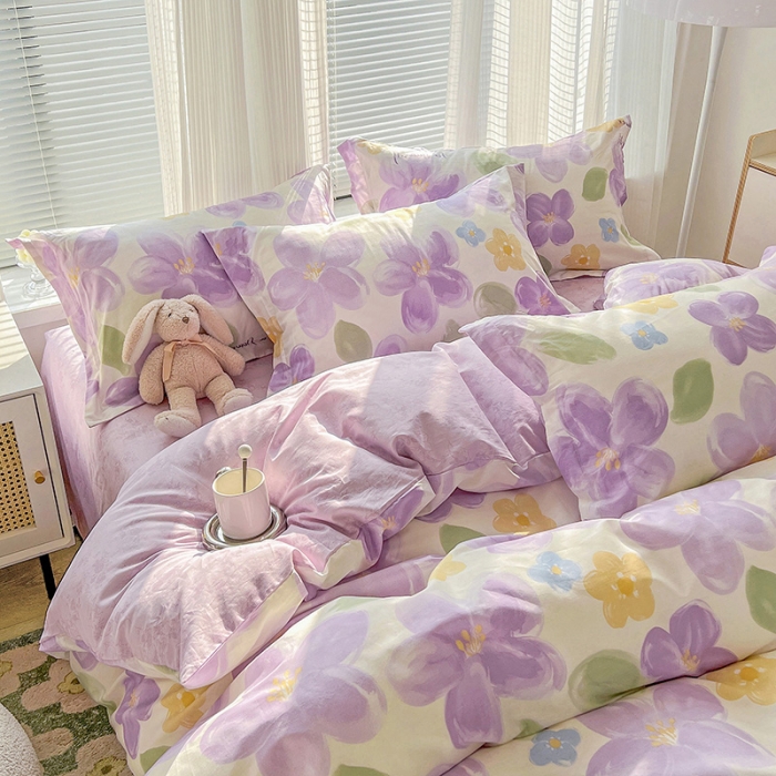 91家纺网 家纺一手货源 找家纺 盛馨 2023新款ins北欧风高支高密全棉喷气小清新纯棉四件套暖阳紫