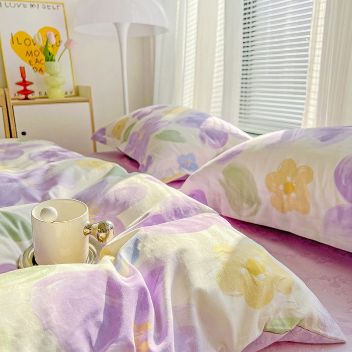 91家纺网 家纺一手货源 找家纺 盛馨 2023新款ins北欧风高支高密全棉喷气小清新纯棉四件套暖阳紫