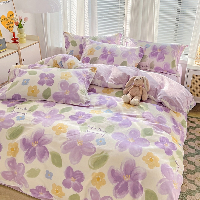 91家纺网 家纺一手货源 找家纺 盛馨 2023新款ins北欧风高支高密全棉喷气小清新纯棉四件套暖阳紫