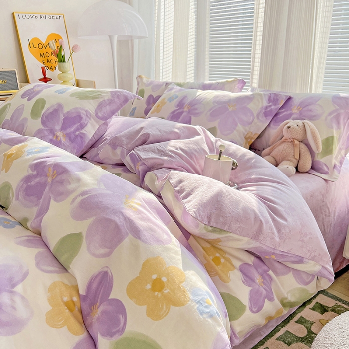 91家纺网 家纺一手货源 找家纺 盛馨 2023新款ins北欧风高支高密全棉喷气小清新纯棉四件套暖阳紫