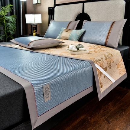 91家纺网 家纺一手货源 找家纺 小牛席业 2023新款经典款-高档冰藤席系列（皮革标） 海蓝