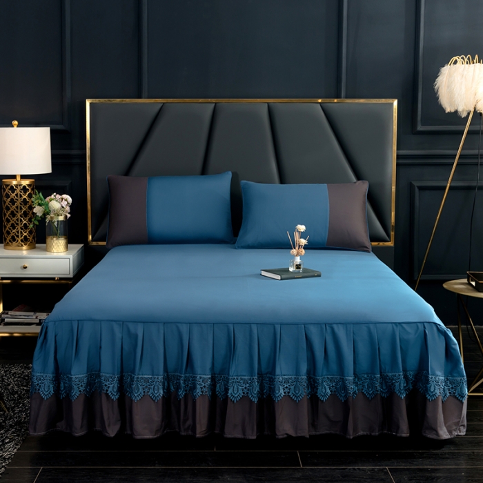 91家纺网 家纺一手货源 找家纺 琉宿家纺 2023新款13372全棉双拼床裙 月光蓝