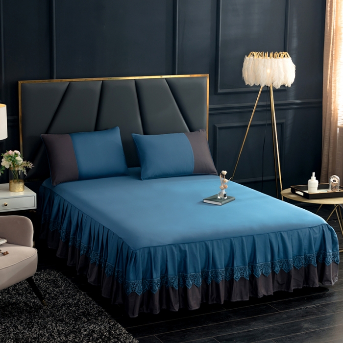 91家纺网 家纺一手货源 找家纺 琉宿家纺 2023新款13372全棉双拼床裙 月光蓝