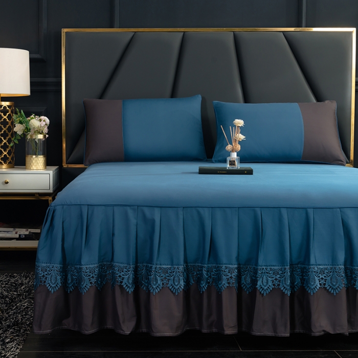 91家纺网 家纺一手货源 找家纺 琉宿家纺 2023新款13372全棉双拼床裙 月光蓝