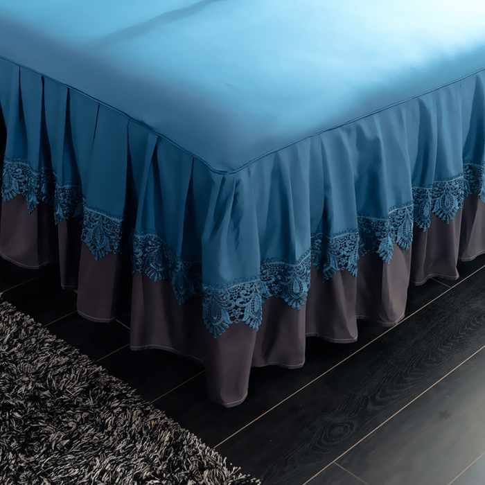 91家纺网 家纺一手货源 找家纺 琉宿家纺 2023新款13372全棉双拼床裙 月光蓝