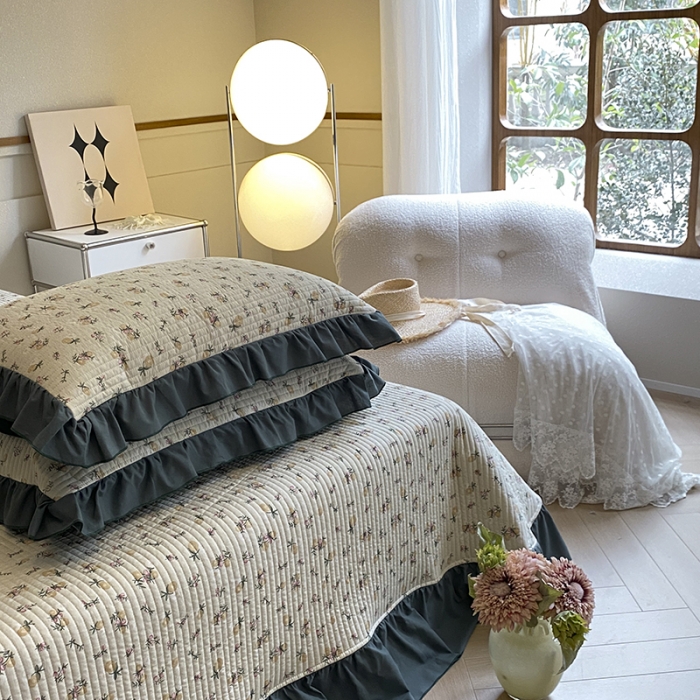 91家纺网 家纺一手货源 找家纺 上喜 热卖双面全棉水洗韩系小碎花床盖 春光里-墨绿