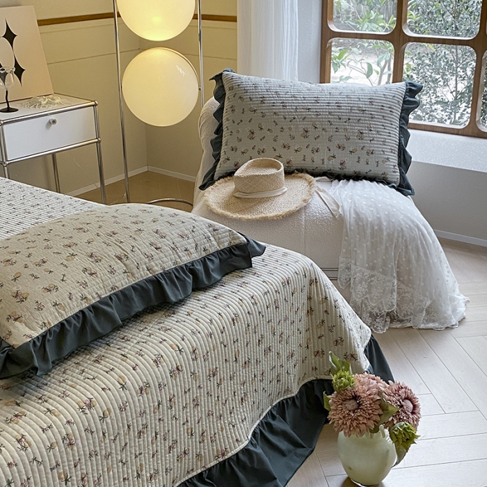 91家纺网 家纺一手货源 找家纺 上喜 热卖双面全棉水洗韩系小碎花床盖 春光里-墨绿