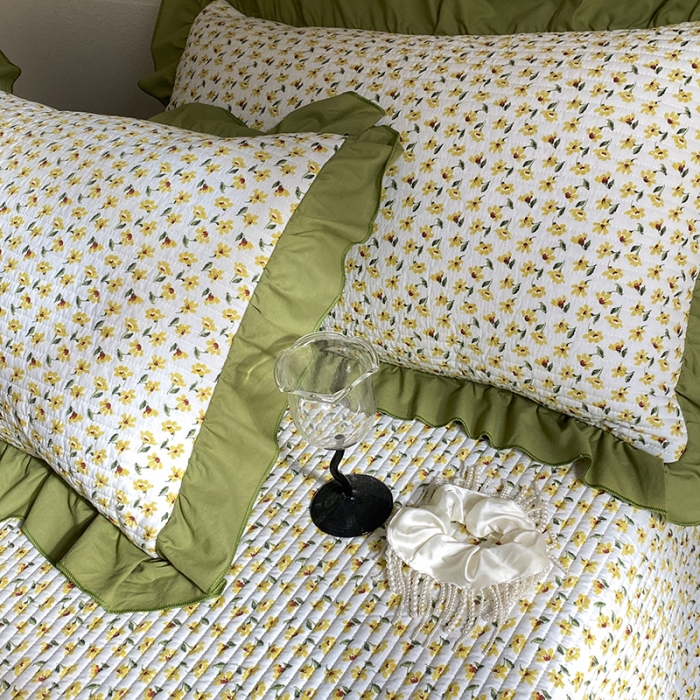 91家纺网 家纺一手货源 找家纺 上喜 热卖双面全棉水洗韩系小碎花床盖 花叶朵朵-草绿