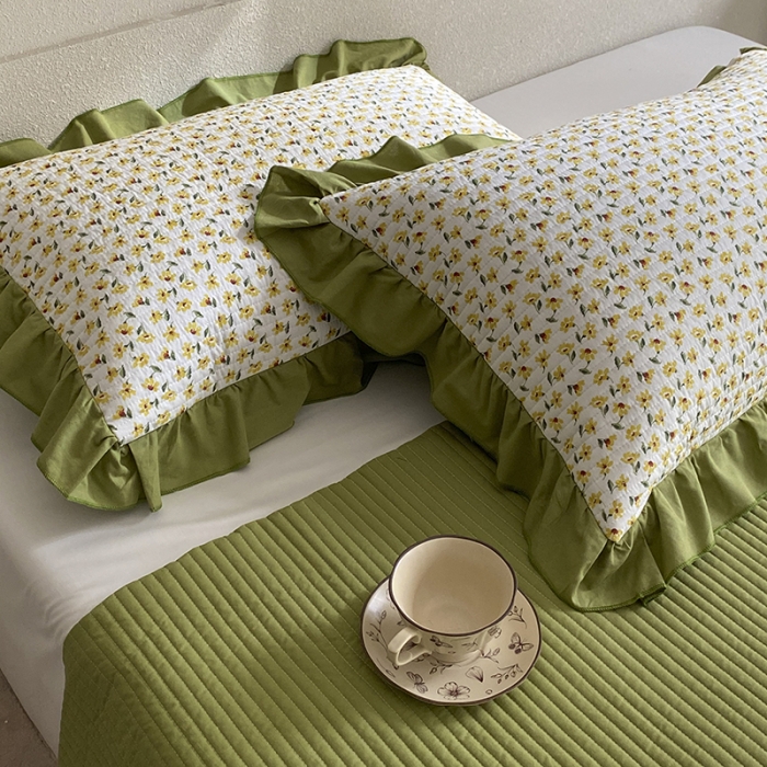 91家纺网 家纺一手货源 找家纺 上喜 热卖双面全棉水洗韩系小碎花床盖 花叶朵朵-草绿