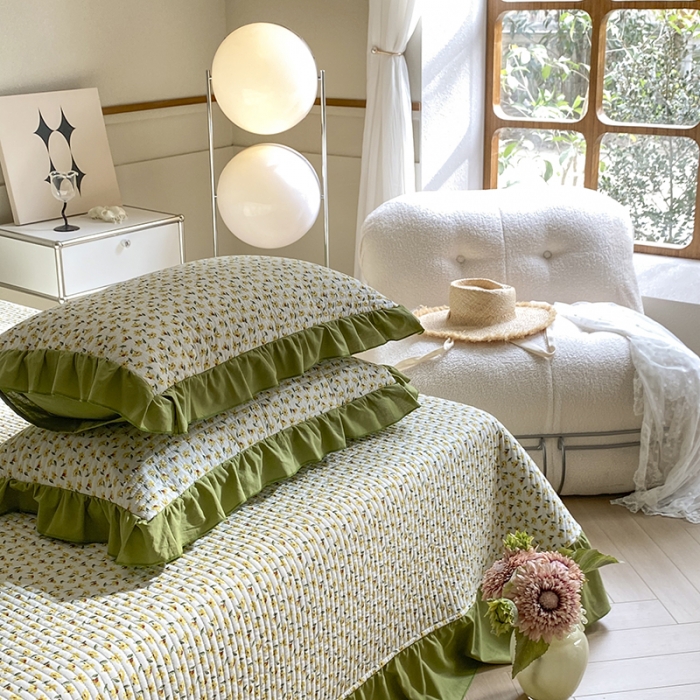 91家纺网 家纺一手货源 找家纺 上喜 热卖双面全棉水洗韩系小碎花床盖 花叶朵朵-草绿