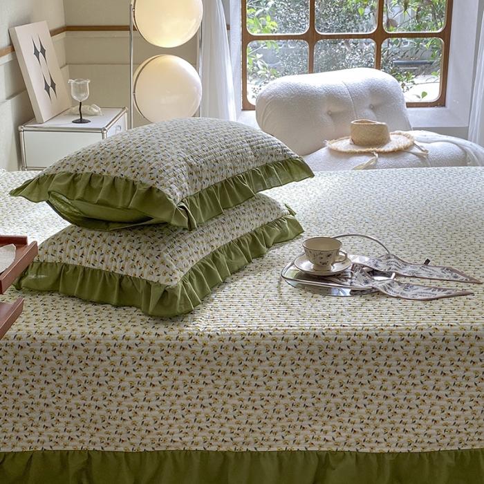 91家纺网 家纺一手货源 找家纺 上喜 热卖双面全棉水洗韩系小碎花床盖 花叶朵朵-草绿