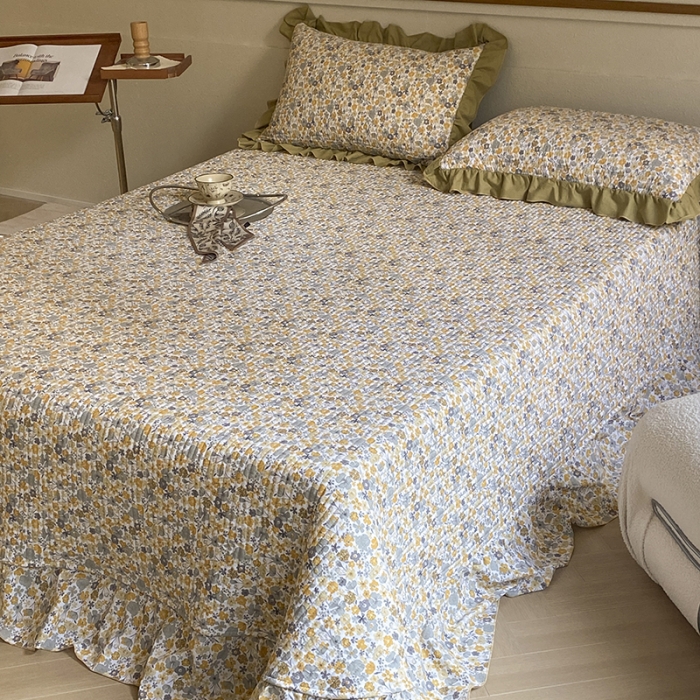 91家纺网 家纺一手货源 找家纺 上喜 热卖双面全棉水洗韩系小碎花床盖 陌上花开-草绿