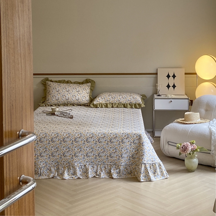 91家纺网 家纺一手货源 找家纺 上喜 热卖双面全棉水洗韩系小碎花床盖 陌上花开-草绿