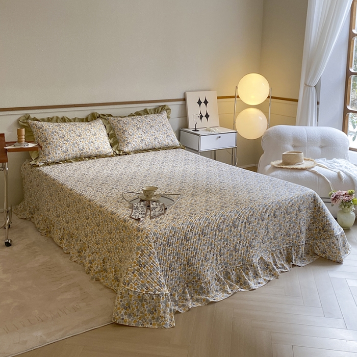 91家纺网 家纺一手货源 找家纺 上喜 热卖双面全棉水洗韩系小碎花床盖 陌上花开-草绿