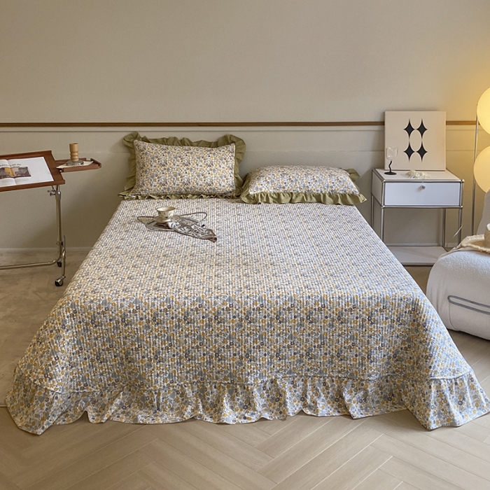 91家纺网 家纺一手货源 找家纺 上喜 热卖双面全棉水洗韩系小碎花床盖 陌上花开-草绿