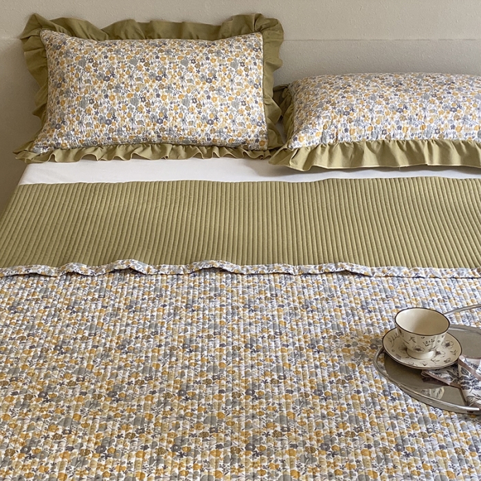 91家纺网 家纺一手货源 找家纺 上喜 热卖双面全棉水洗韩系小碎花床盖 陌上花开-草绿