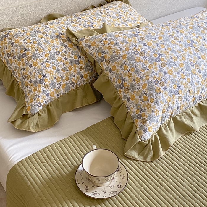 91家纺网 家纺一手货源 找家纺 上喜 热卖双面全棉水洗韩系小碎花床盖 陌上花开-草绿