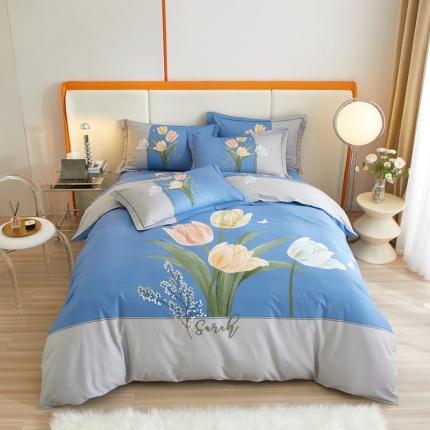 金纱玉纺家纺 2024新款全棉大版印花13372四件套 浪漫柔情--蓝